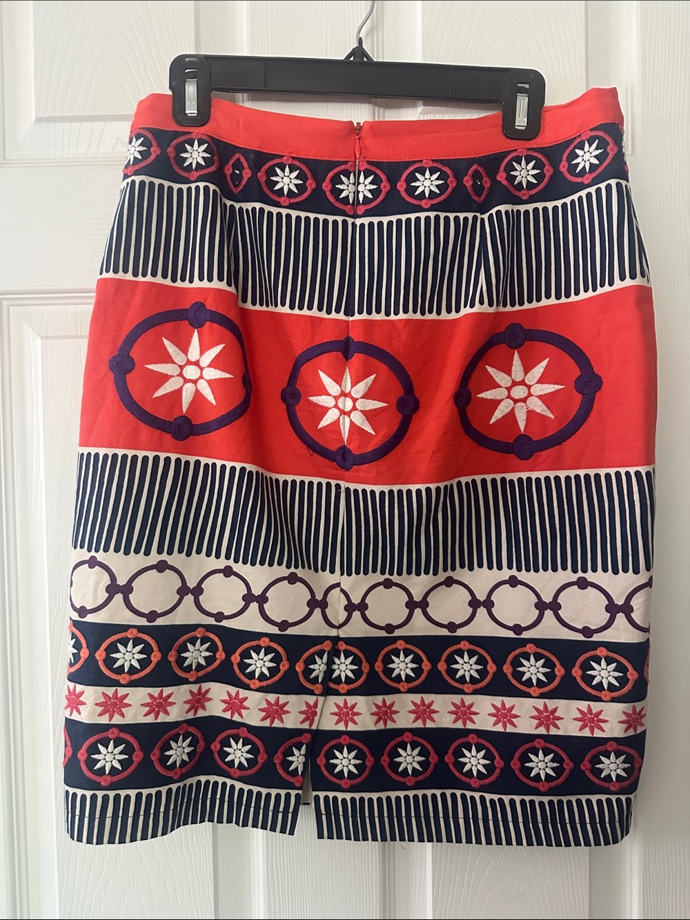 Boden Red, Navy and White Embroidered Pattern Pencil Skirt - Picture 2 of 4